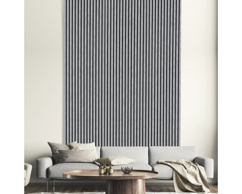 Obývací pokoj s rýhovanými dřevěnými stěnovými panely