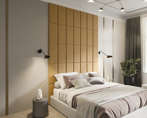 Ložnice s panelovou stěnou, postelí a nočním stolkem