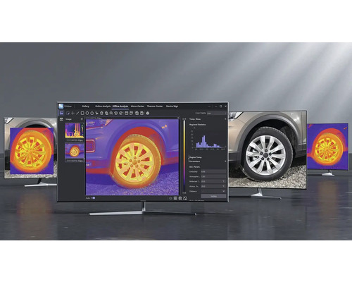 Několik monitorů zobrazuje termografický analytický program pro pneumatiky automobilů.