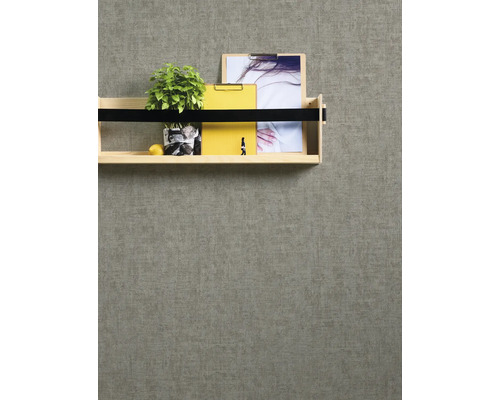 Dřevěná police s rostlinou a kancelářskými potřebami na zdi