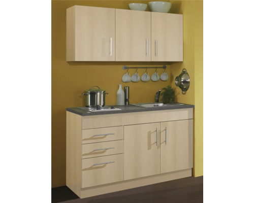 Kuchyňská linka s horními skříňkami, dřezem, varnou deskou a zásuvkami