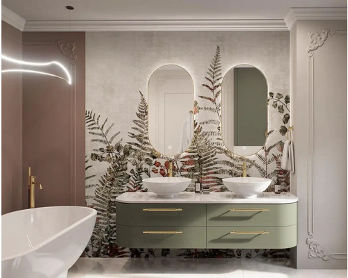 Světlá koupelna s dvojitým umyvadlem, oválnými zrcadly a květinovou tapetou