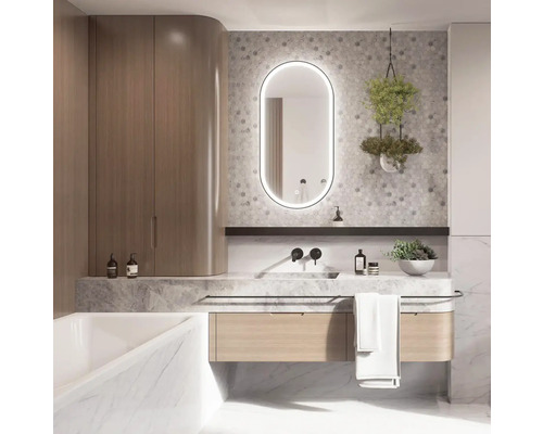 Koupelna s umyvadlem, osvětleným zrcadlem, závěsnou rostlinou a vanou