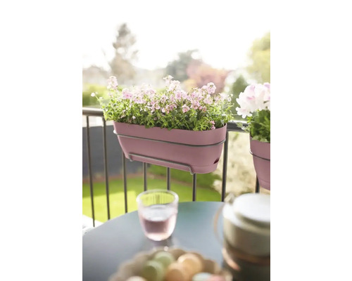 Scéna balkonu s osázeným truhlíkem a stolem s nápoji