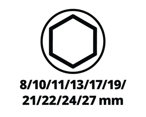 Šestihranný klíč, údaje o velikosti 8/10/11/13/17/19/21/22/24/27 milimetrů