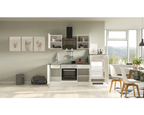 Kompletní kuchyňská linka s dřezem, sporákem, troubou, digestoří a lednicí ve světlé kuchyni.