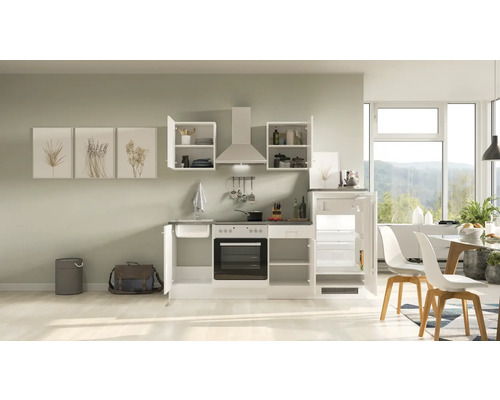 Kompaktní kuchyňská linka s dřezem, sporákem, troubou, digestoří a lednicí v jasné, moderní kuchyni.