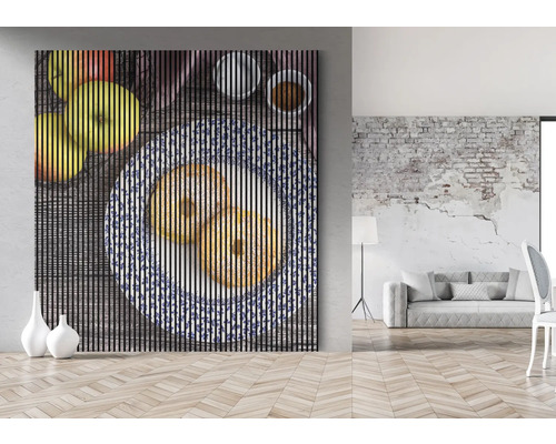 Lamelový obraz s ovocem a pečivem na stole