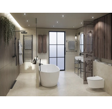 Moderní koupelna s volně stojící vanou, umyvadly a tmavými dřevěnými prvky