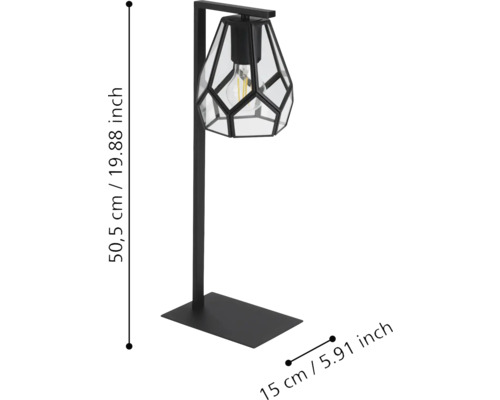 Stolní lampa s geometrickým stínidlem o rozměrech 50,5 cm výšky a 15 cm hloubky.