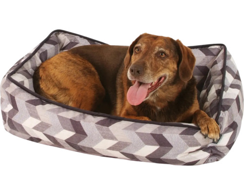 Pes leží v pelíšku s geometrickým vzorem