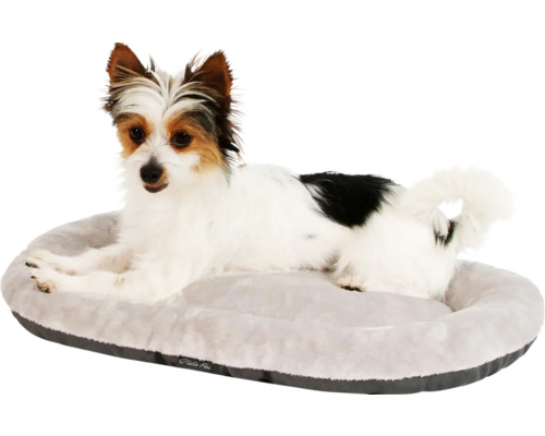 Pes leží v šedé psí posteli