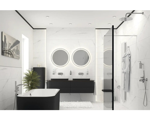 Dlažba imitace mramoru Verona blanco 45 x 90 cm Světlá koupelna s vanou, umyvadlem, zrcadly a sprchou