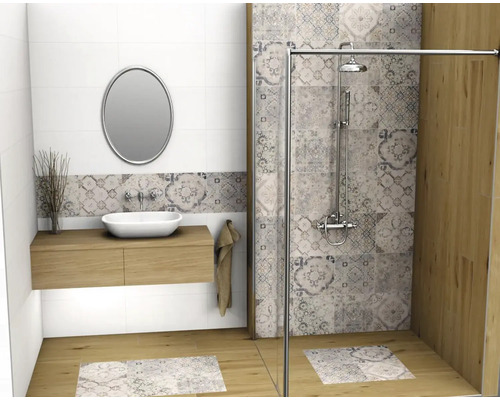 Moderní koupelna s umyvadlem, zrcadlem a sprchou s mozaikovými obklady