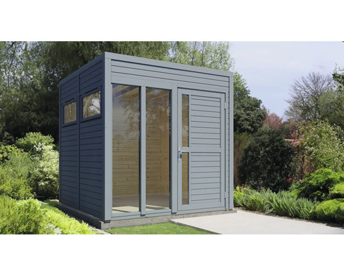 Dřevěný zahradní domek Bertilo Cubo 2 Office RAL 7001 světle šedý 226 x 234 cm Zahradní domek ze dřeva s oknem a dveřmi
