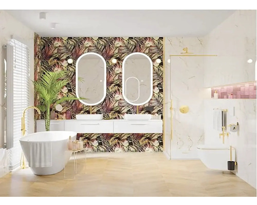 Světlá koupelna s volně stojící vanou, dvojitým umyvadlem, zrcadly, sprchou a tropickou tapetou