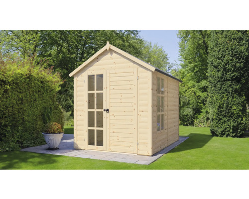 Dřevěný zahradní domek s okny a dvoukřídlými dveřmi