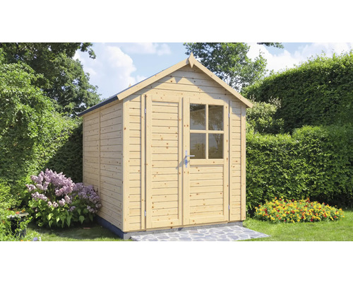 Dřevěný zahradní domek s dvoukřídlými dveřmi a oknem na zahradě