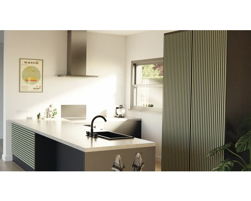 Světlá kuchyně s kuchyňským ostrovem, dřezem, odsavačem par a skříní