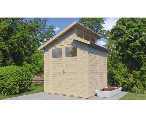 Dřevěný zahradní domek s dvoukřídlými dveřmi a světlíkem