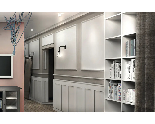 Chodba s nástěnnými panely, knihovnou a dekorativním osvětlením