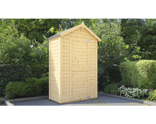 Dřevěná zahradní skříň se sedlovou střechou před rostlinami