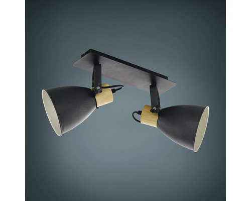 Stropní svítidlo se dvěma bodovými světly ze dřeva a kovu