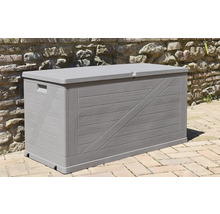Šedá zahradní bedna s dřevěným vzhledem a víkem pro venkovní skladování