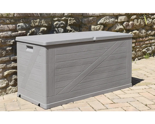 Šedá zahradní bedna s dřevěným vzhledem a víkem pro venkovní skladování