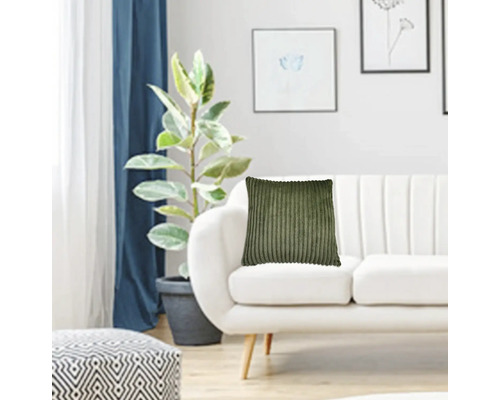 Dekorativní obývací pokoj s pohovkou, pokojovou rostlinou a manšestrovým polštářem.