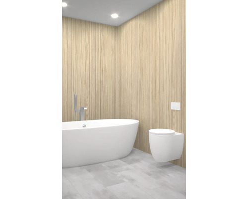 Moderní koupelna s volně stojící vanou a závěsným WC před dřevěnou stěnou