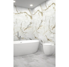 Moderní koupelna s vanou, toaletou a mramorovou stěnou