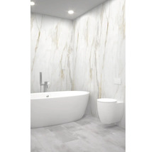 Koupelna s volně stojící vanou a závěsným WC před obkládanou stěnou