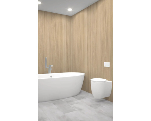 Koupelna s volně stojící vanou a závěsným WC u dřevěné stěny