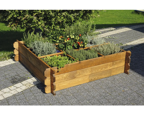 Dřevěný vyvýšený záhon s různými rostlinami, jako jsou rajčata a bylinky