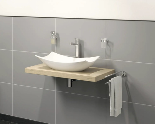 Koupelnové umyvadlo s umyvadlem na desku, baterií, dávkovačem mýdla, kelímkem na zubní kartáčky a držákem na ručníky