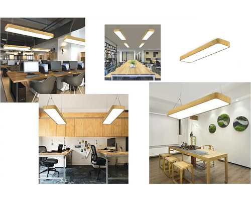 Několik pohledů na obdélníkové kancelářské stropní svítidlo s dřevěným rámem v různých kancelářských prostředích.