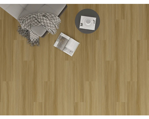 Interiérová fotografie s podlahovou krytinou, křeslem, dekou, stolem a časopisem