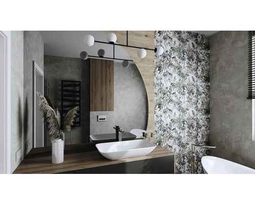 Moderní koupelna s umyvadlem, zrcadlem, květinovou tapetou a radiátorem