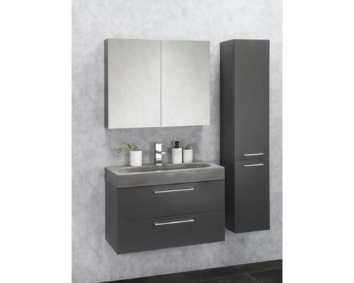 Koupelna s umyvadlovou skříňkou, umyvadlem, zrcadlovou skříňkou a vysokou skříní.