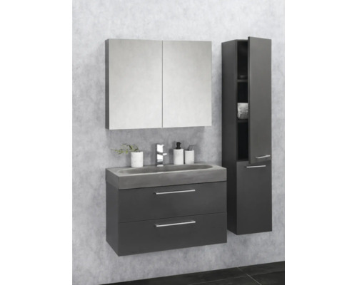 Koupelnový set s umyvadlovou skříňkou, umyvadlem, zrcadlovou skříňkou a vysokou skříňkou pro uspořádanou koupelnu