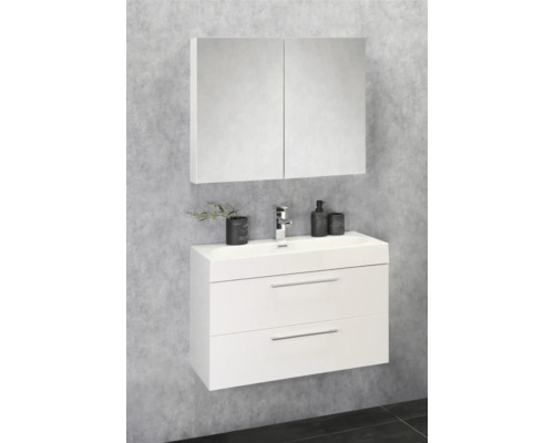 Kombinace umyvadla s umyvadlem, spodní skříňkou se dvěma zásuvkami a zrcadlovou skříňkou v koupelně.