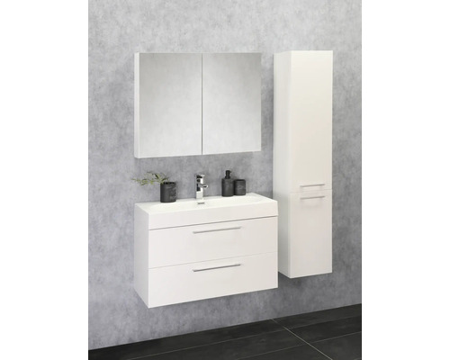 Koupelna s umyvadlovou skříňkou, zrcadlovou skříňkou a vysokou skříňkou