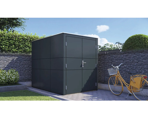 Dřevěný zahradní domek Bertilo HPL Design Bike Port 155 x 229 cm antracit Prostorná kovová kůlna na nářadí na zahradě s kolem