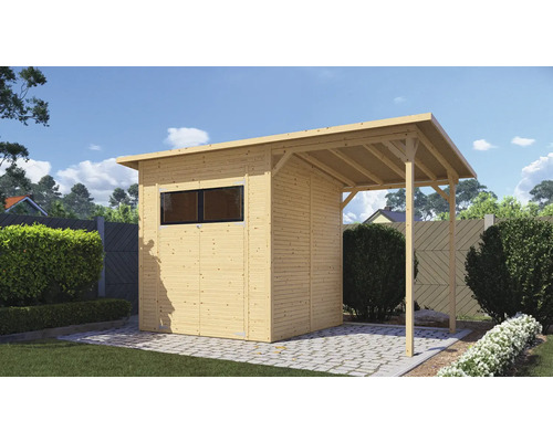 Dřevěný zahradní domek Bertilo Fineline Modern 3 Plus přírodní 370 x 202 cm vč. přístřešku