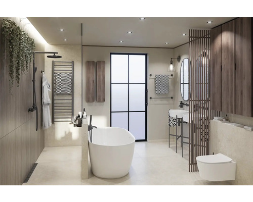 Světlá koupelna s volně stojící vanou, sprchou, umyvadlem a toaletou