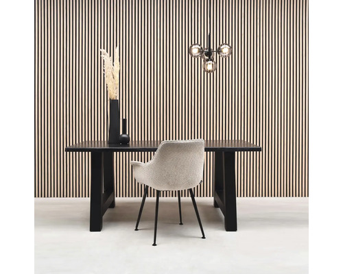 Jídelna s jídelním stolem, židlí a dekorací před obkladem stěn.