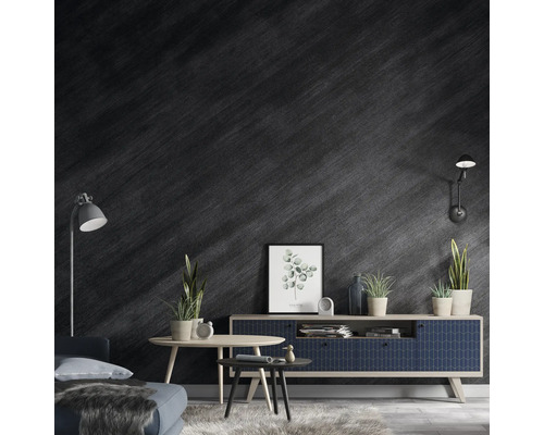 Moderní obývací pokoj s tmavou stěnou, komodou, pohovkou a rostlinami.