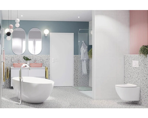 Moderní koupelna s volně stojící vanou, umyvadlovou skříňkou se dvěma umyvadly a závěsným WC