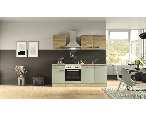 Světlá kuchyně s vestavnými spotřebiči, umyvadlem a pracovní deskou